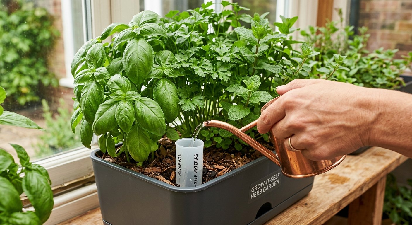 A person pours water into the fill tube of a rectangular self-watering planter containing basil, parsley and mint.