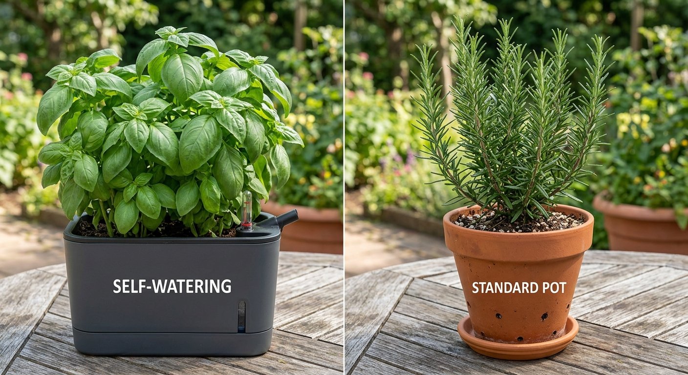 Basil in a self-watering planter beside rosemary in a terracotta pot.