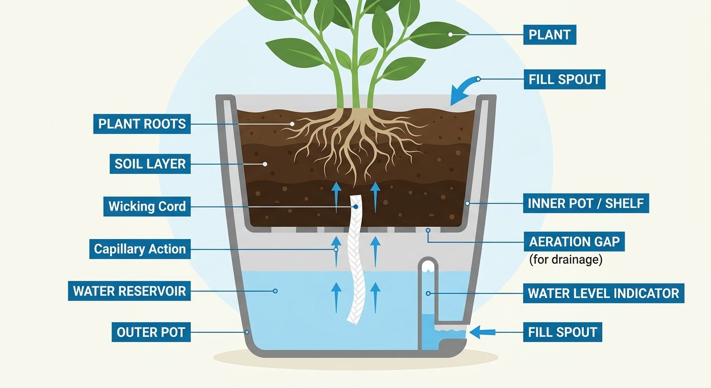 Cross-section diagram of a self-watering pot showing potting soil, a wick and a lower water reservoir.