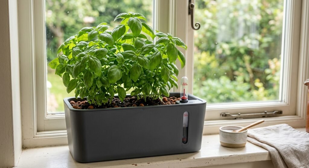 Basil growing in a self-watering pot on a bright kitchen windowsill.