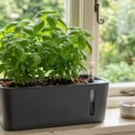 Basil growing in a self-watering pot on a bright kitchen windowsill.