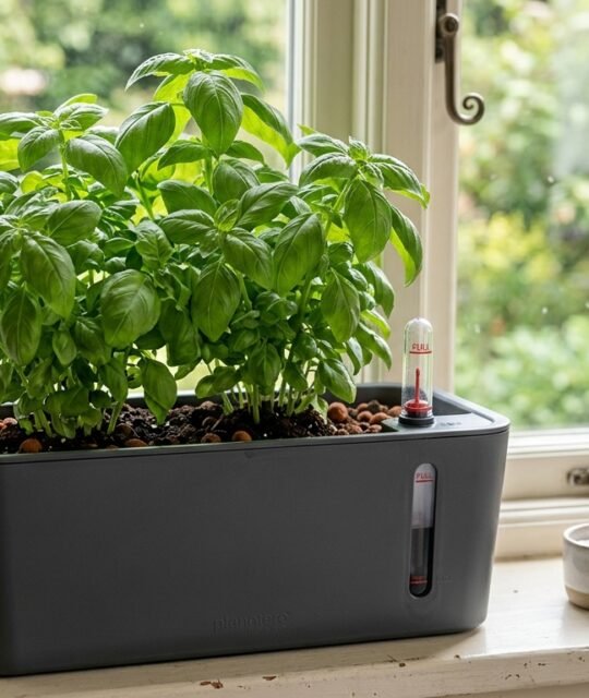 Basil growing in a self-watering pot on a bright kitchen windowsill.