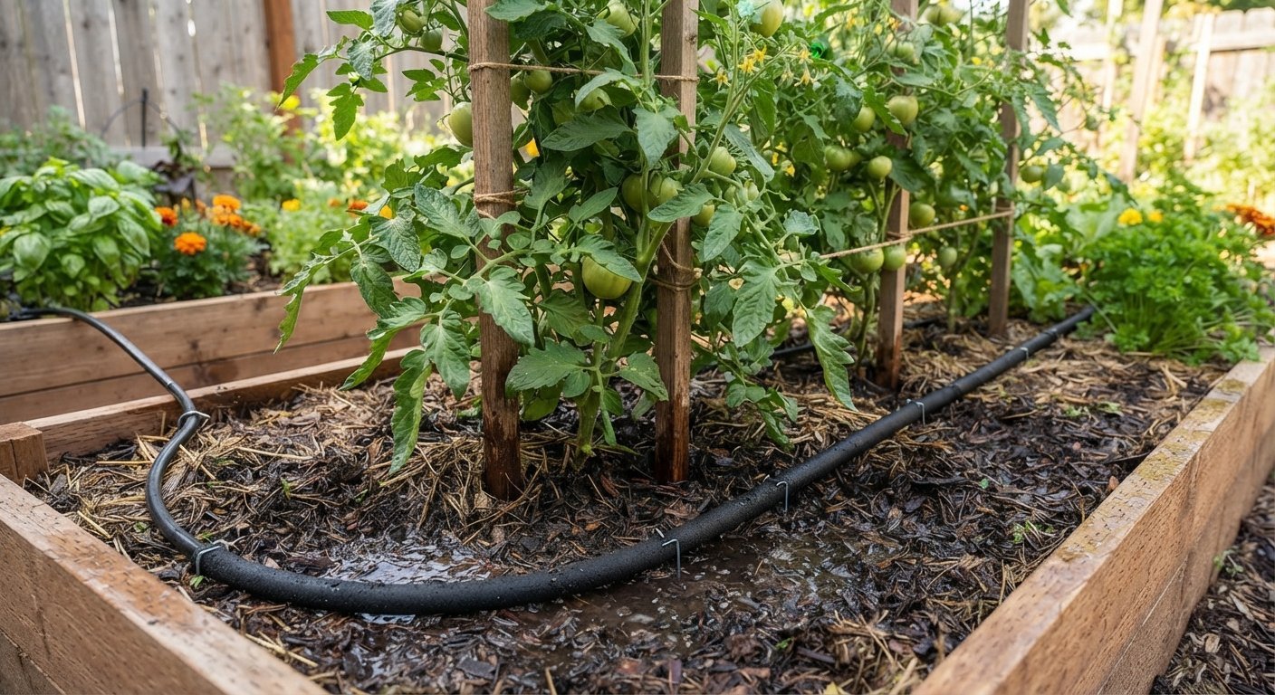A close-up photograph of a black soaker hose winding through a raised wooden garden bed, dripping water onto rich soil and wood chip mulch around the base of staked tomato plants laden with green fruit.