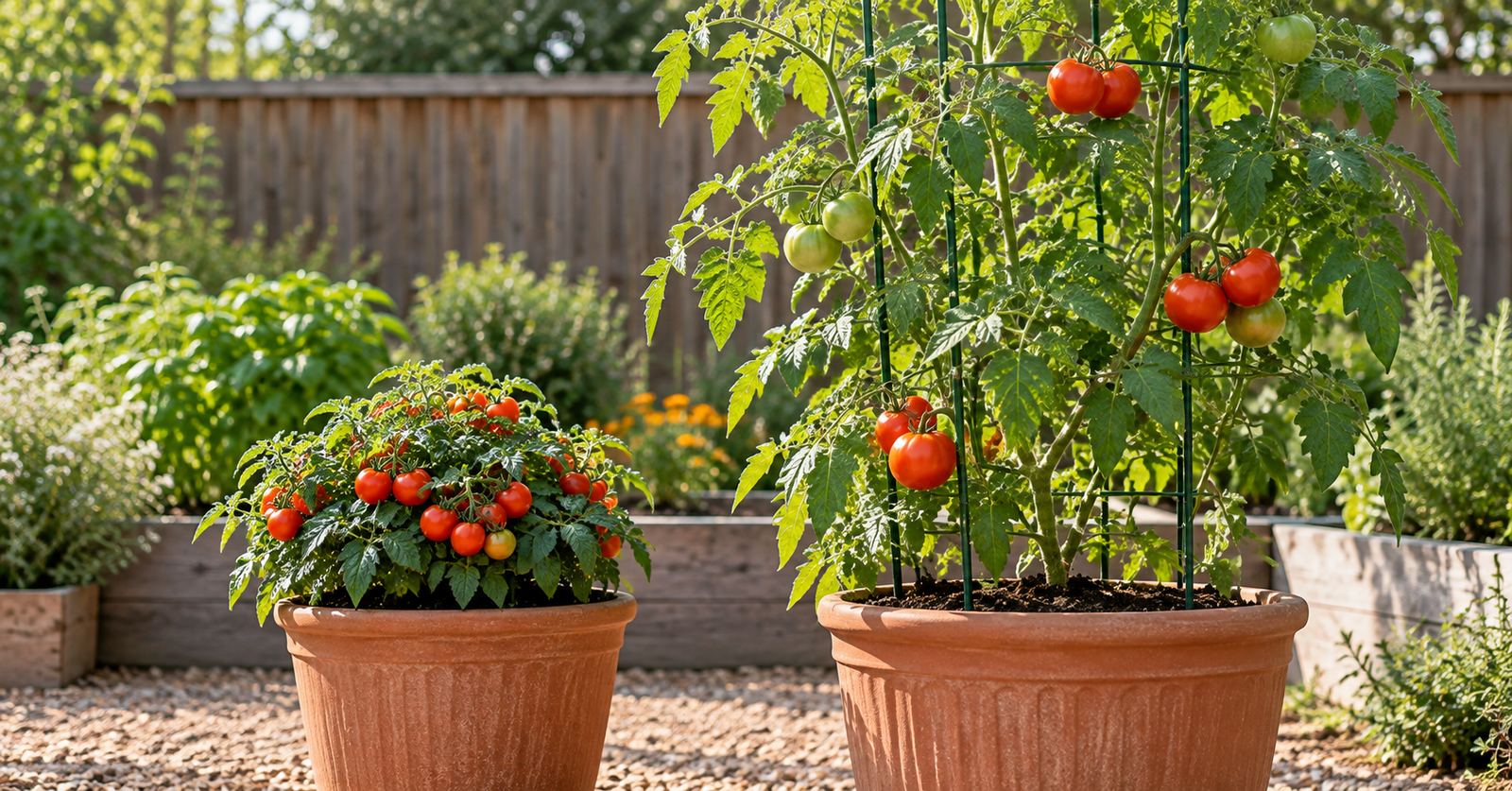 Dwarf tomato plant beside a tall indeterminate tomato plant growing in similar-sized containers for a size comparison.