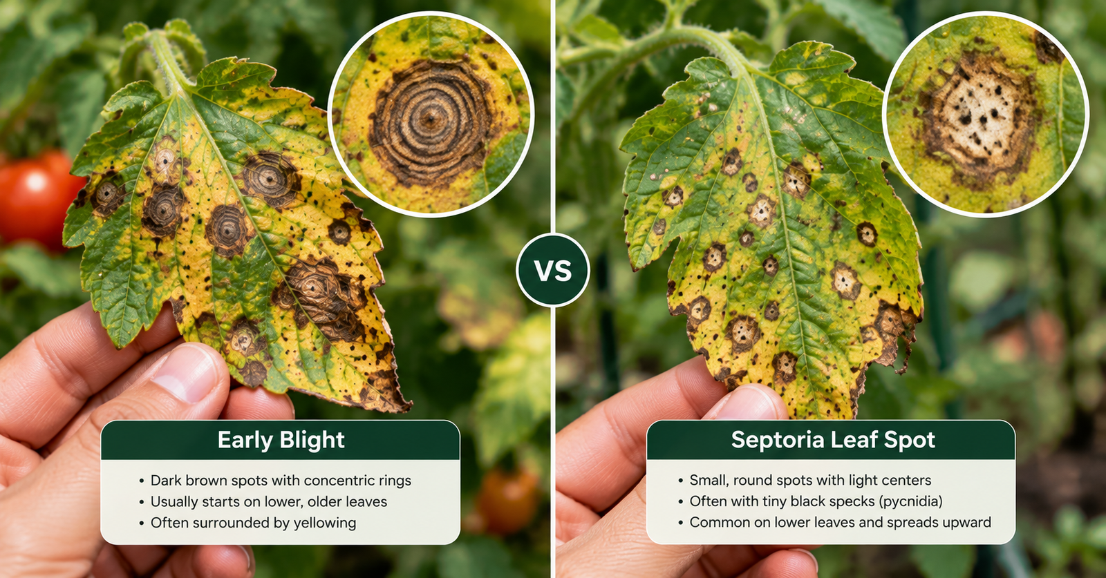 Side-by-side comparison of tomato leaves showing symptoms of early blight and Septoria leaf spot with magnified leaf spots.