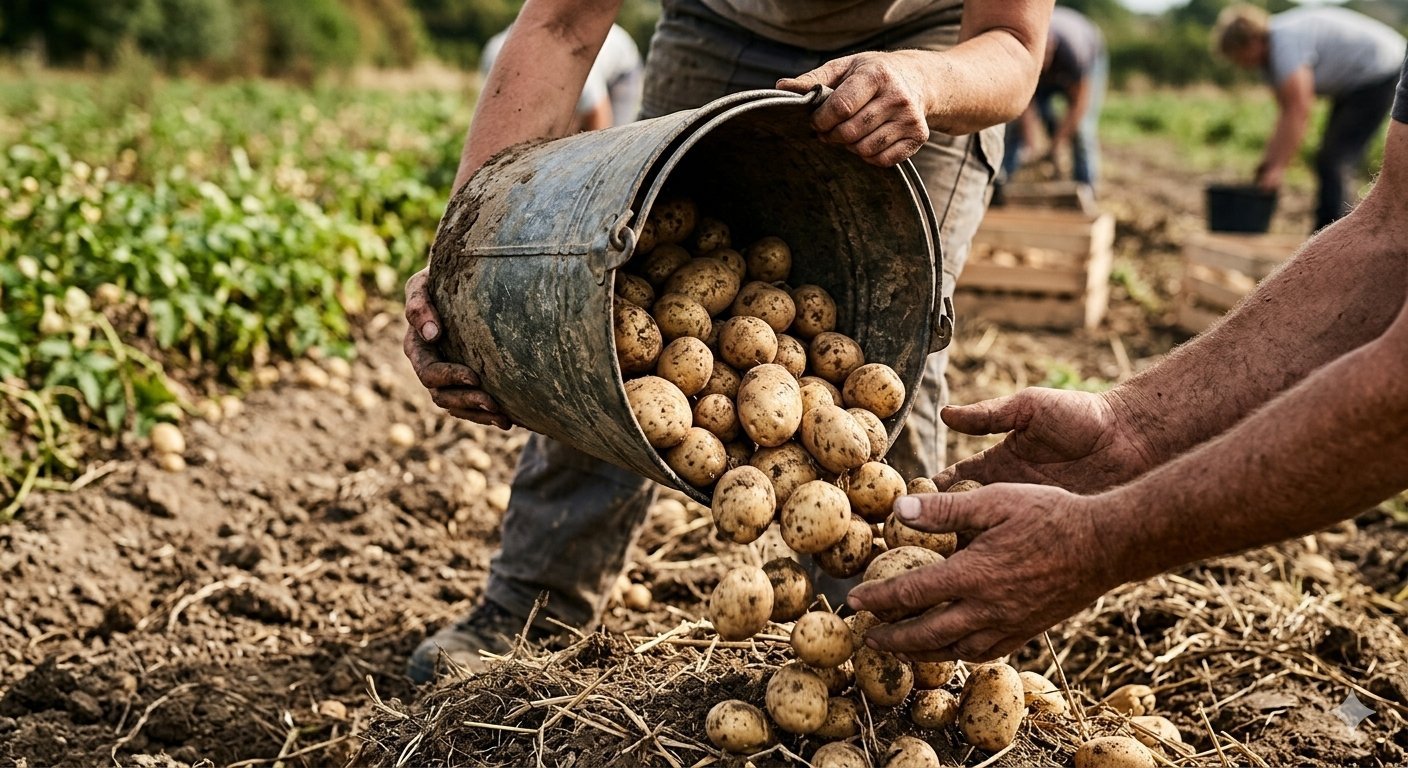 Worker tipping a metal bucket of freshly dug potatoes into waiting hands in a field