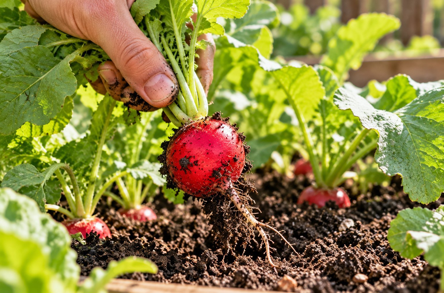 Close-up of a hand pulling a bright red radish from loose garden soil during harvest.