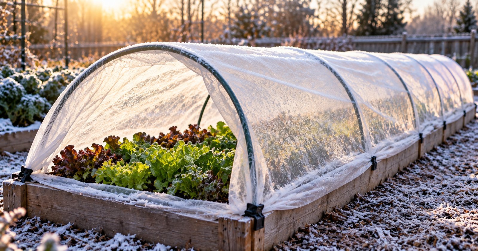 Low garden tunnel covered with row cover fabric protecting leafy greens on a frosty winter morning.