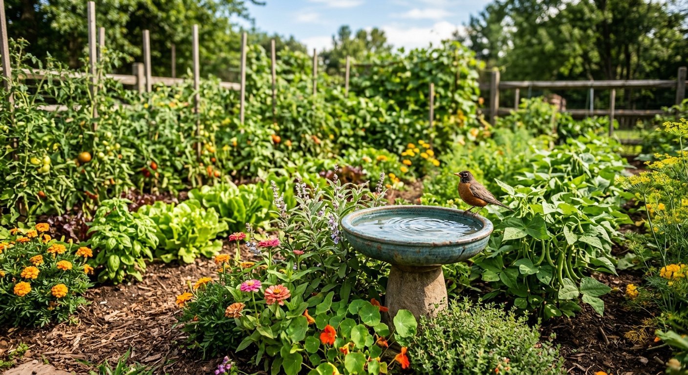 A small bird perched on the edge of a ceramic birdbath nestled inside a lush vegetable garden.