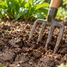 Garden fork breaking up dry, cracked soil in a vegetable bed