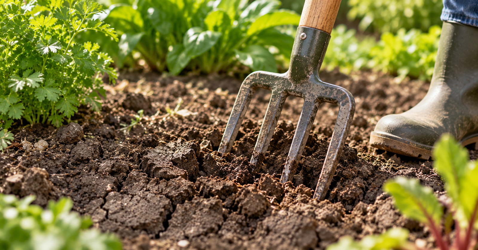 Garden fork breaking up dry, cracked soil in a vegetable bed