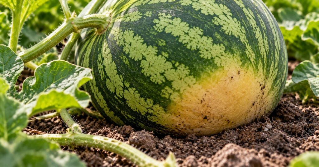 Watermelon growing on the vine with a creamy yellow field spot resting against the soil.