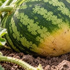 Watermelon growing on the vine with a creamy yellow field spot resting against the soil.