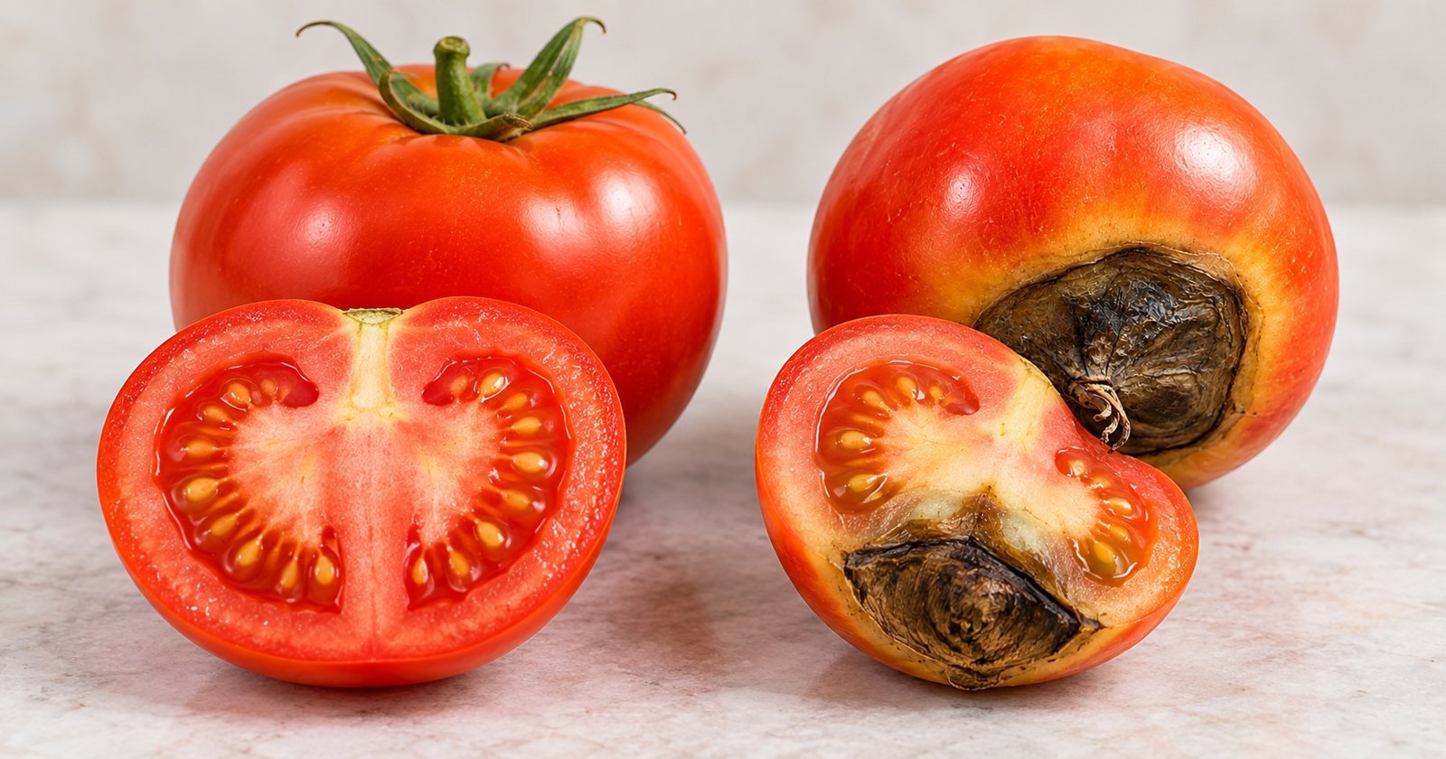 Side-by-side comparison of a healthy tomato and a tomato with blossom end rot, including cut sections showing the internal damage.
