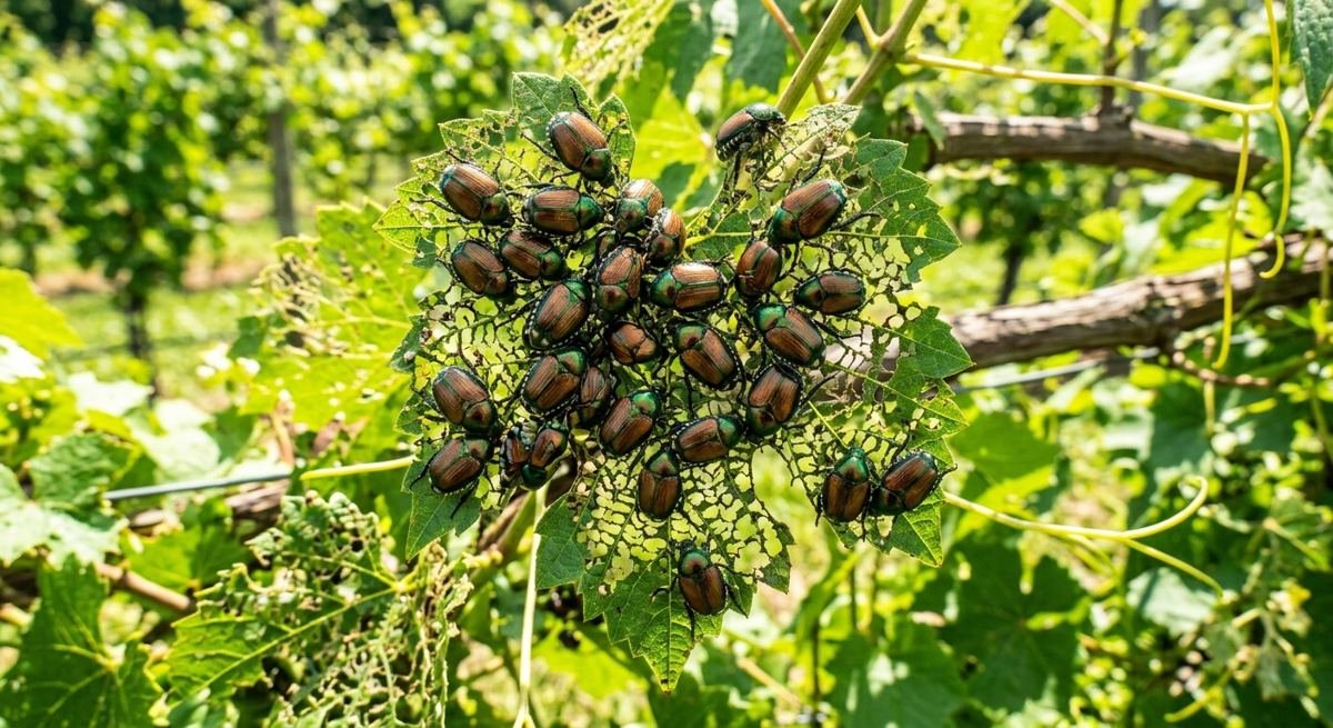 A cluster of Japanese beetles feeding on garden foliage.
