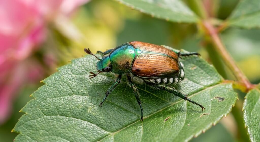 Metallic green and copper Japanese beetle resting on a green rose leaf.