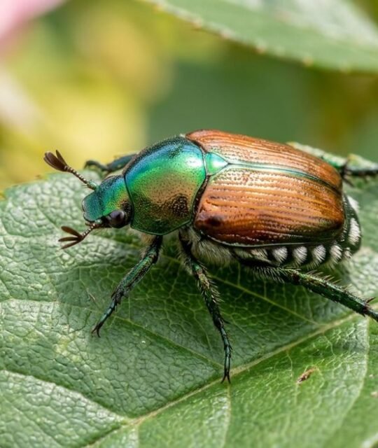 Metallic green and copper Japanese beetle resting on a green rose leaf.