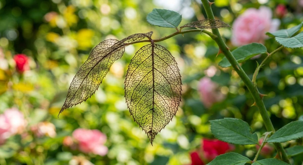 Skeletonized rose leaves with the veins remaining after beetle feeding.