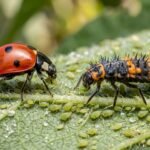 A ladybug and its spiky orange larva feeding on green aphids on a leaf.