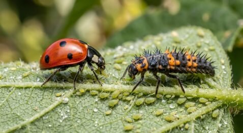 A ladybug and its spiky orange larva feeding on green aphids on a leaf.