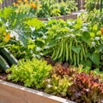 Small raised garden bed with zucchini, bush beans, lettuce, and cherry tomatoes growing together in bright sunlight.