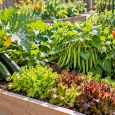 Small raised garden bed with zucchini, bush beans, lettuce, and cherry tomatoes growing together in bright sunlight.