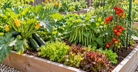 Small raised garden bed with zucchini, bush beans, lettuce, and cherry tomatoes growing together in bright sunlight.
