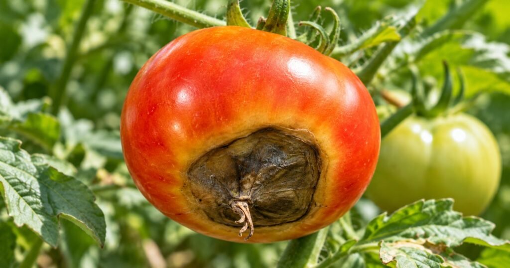 Close-up of a ripe tomato with a dark, sunken blossom end rot patch growing on the vine.