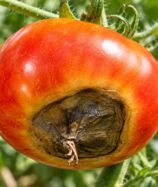 Close-up of a ripe tomato with a dark, sunken blossom end rot patch growing on the vine.
