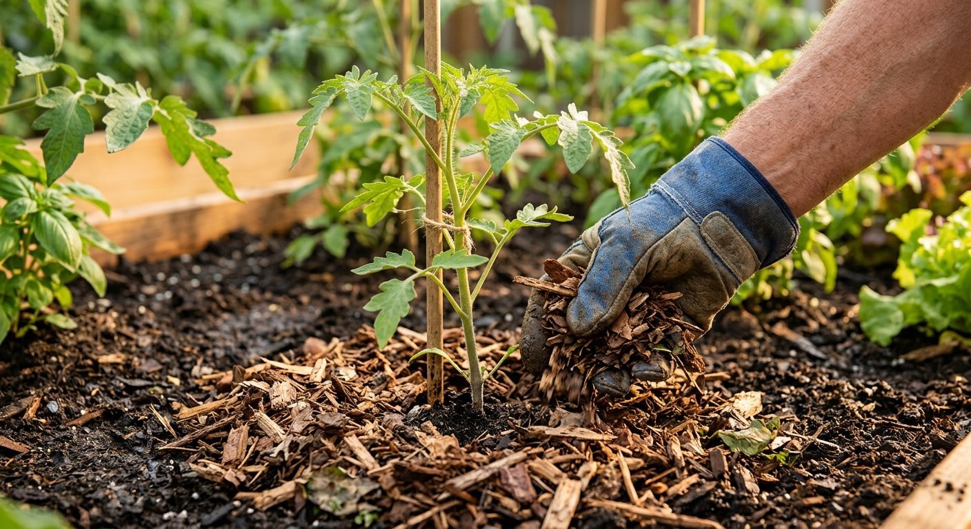 A close-up photograph of a gardener's gloved hand gently spreading shredded wood mulch around the base of a young green tomato plant in a sunny raised garden bed.