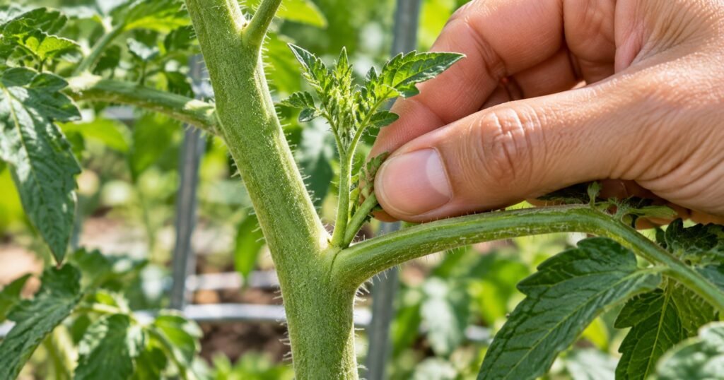 Fingers pinching off a small sucker growing between the main stem and branch of a tomato plant.