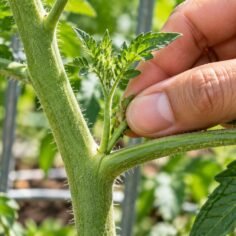 Fingers pinching off a small sucker growing between the main stem and branch of a tomato plant.
