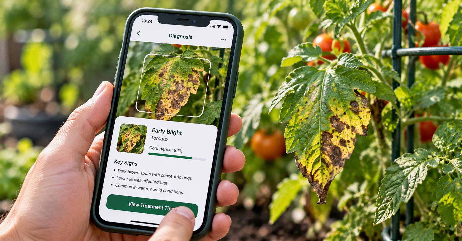 Plant diagnosis app results screen showing a photographed tomato leaf, possible disease identification, confidence score, and treatment suggestions.