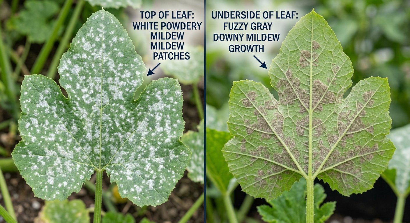 Side-by-side comparison showing white powdery mildew on a leaf top and gray downy mildew on a leaf underside.