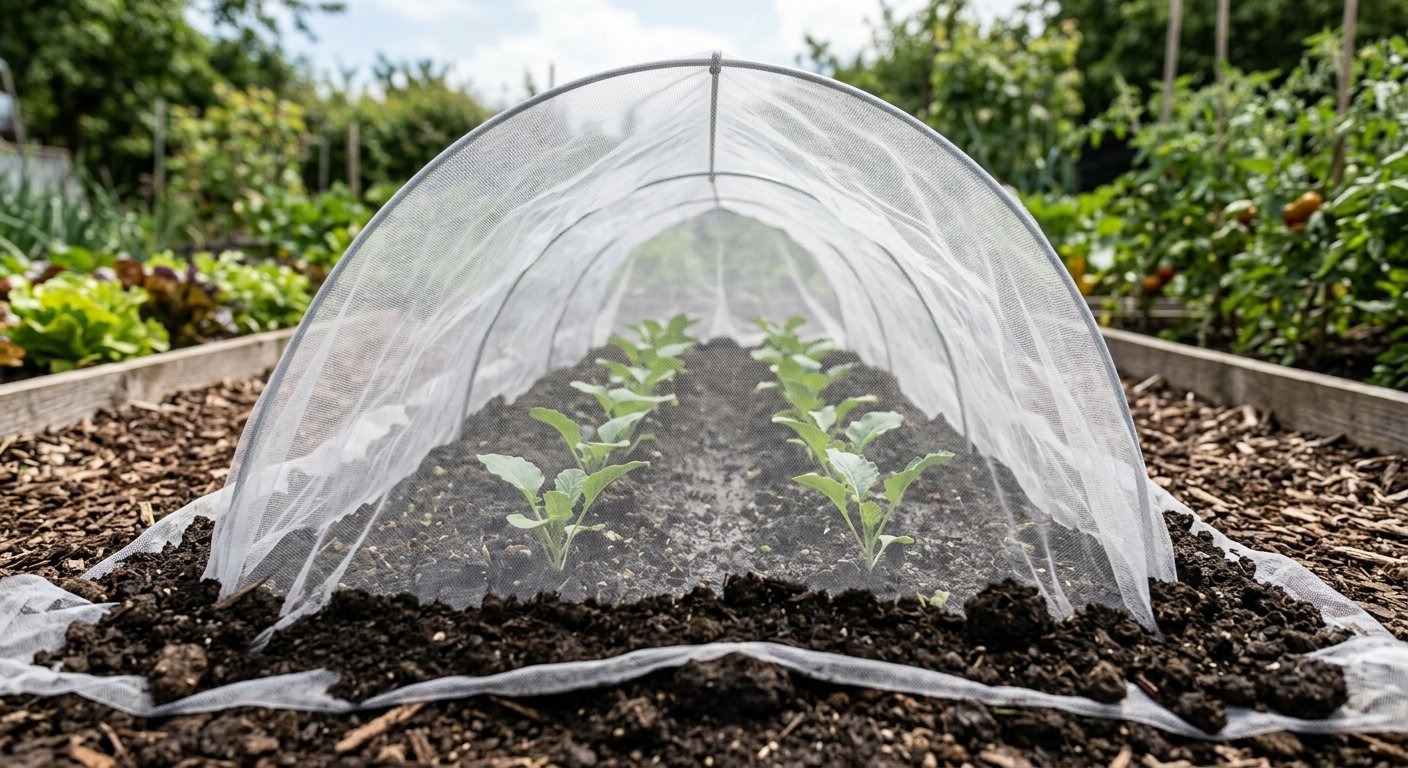 A fine mesh row cover tunnel protecting small vegetable seedlings in a garden bed.