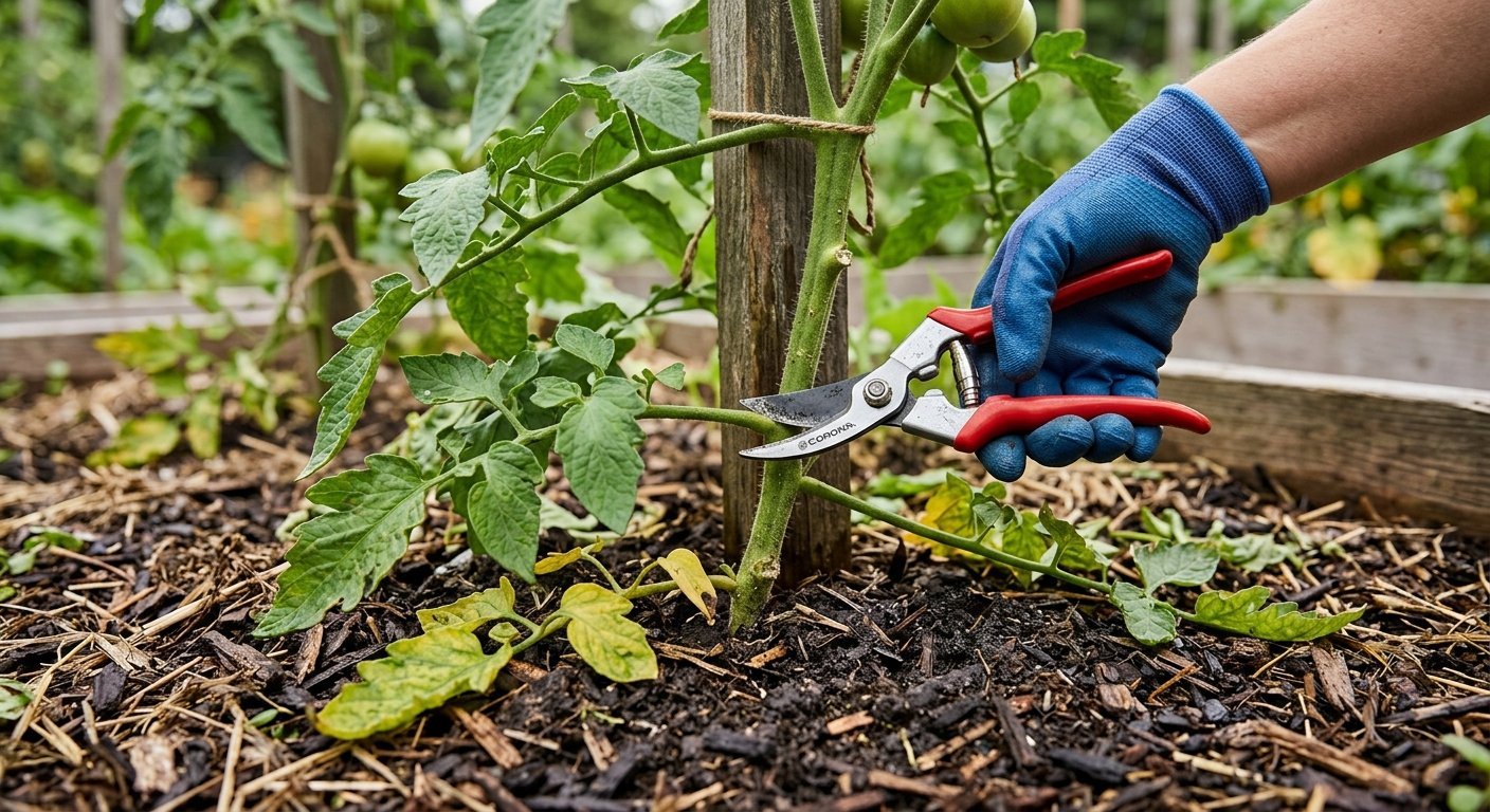 Pruning shears cutting a lower leaf branch off a tomato plant stem.