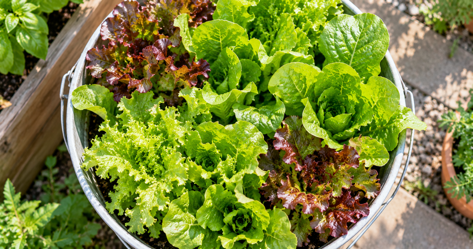 Bucket filled with red and green lettuce varieties growing in a garden