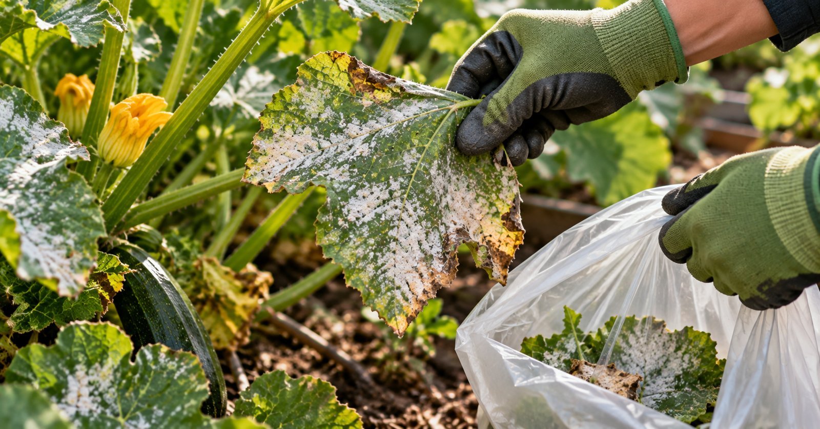 Gloved hands removing a heavily infected powdery mildew leaf from a squash plant and placing it in a bag.