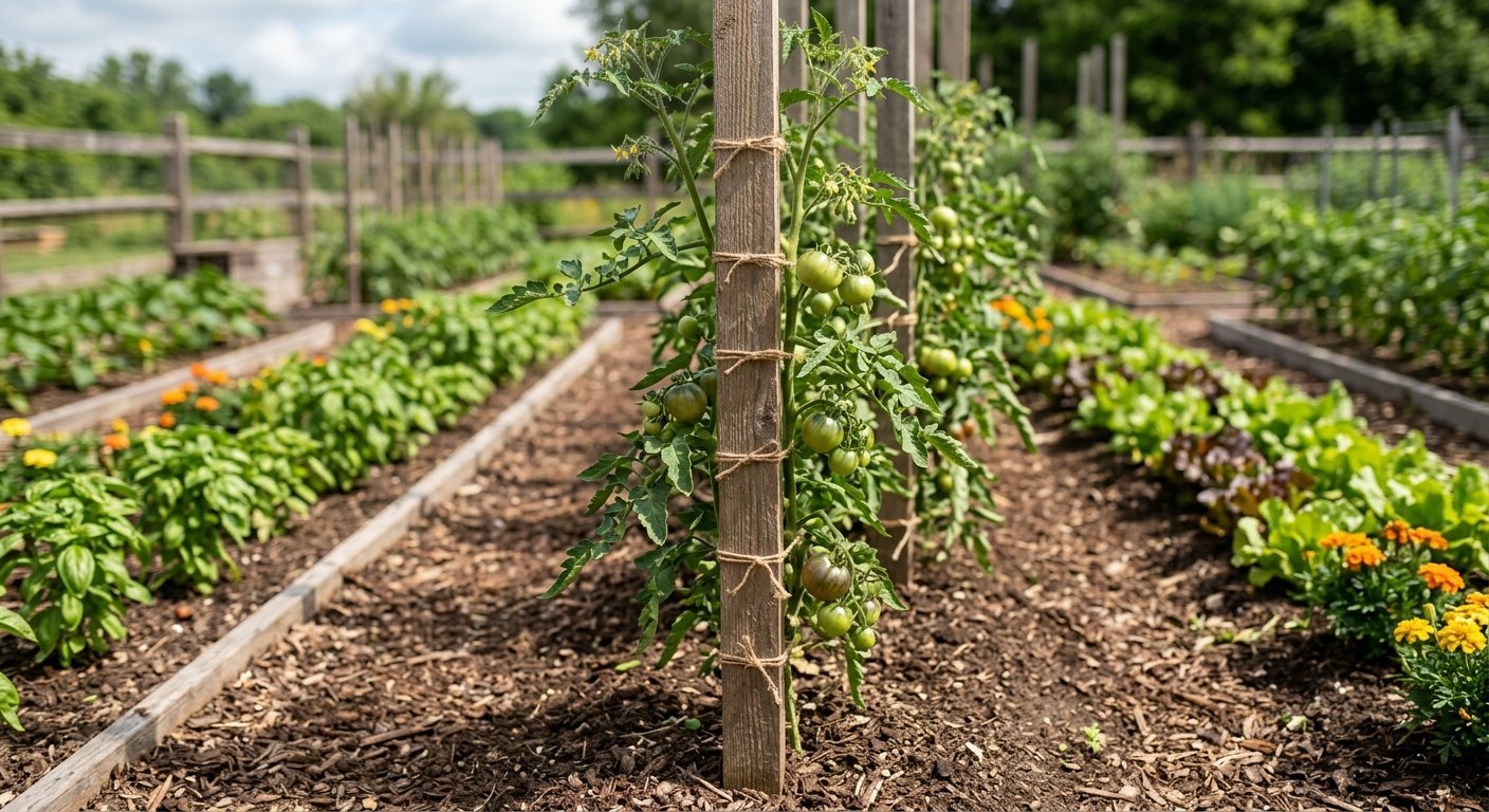 Tomato plant trained to a single wooden stake and tied with twine.