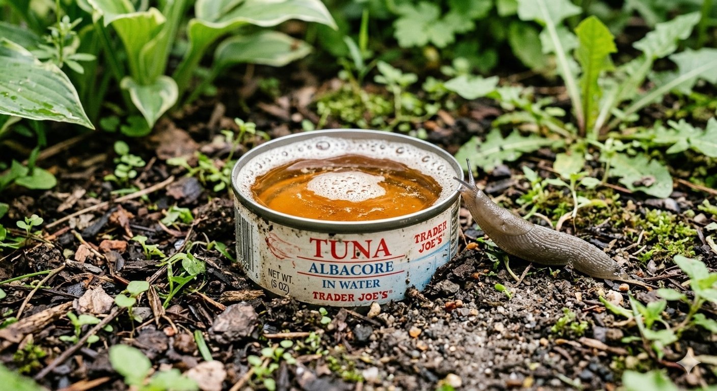 Tuna can filled with liquid used as a slug trap next to a slug