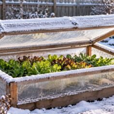 Backyard cold frame covered with snow and slightly propped open for ventilation, with fresh lettuce growing inside.
