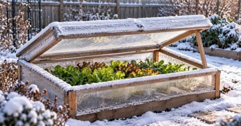Backyard cold frame covered with snow and slightly propped open for ventilation, with fresh lettuce growing inside.