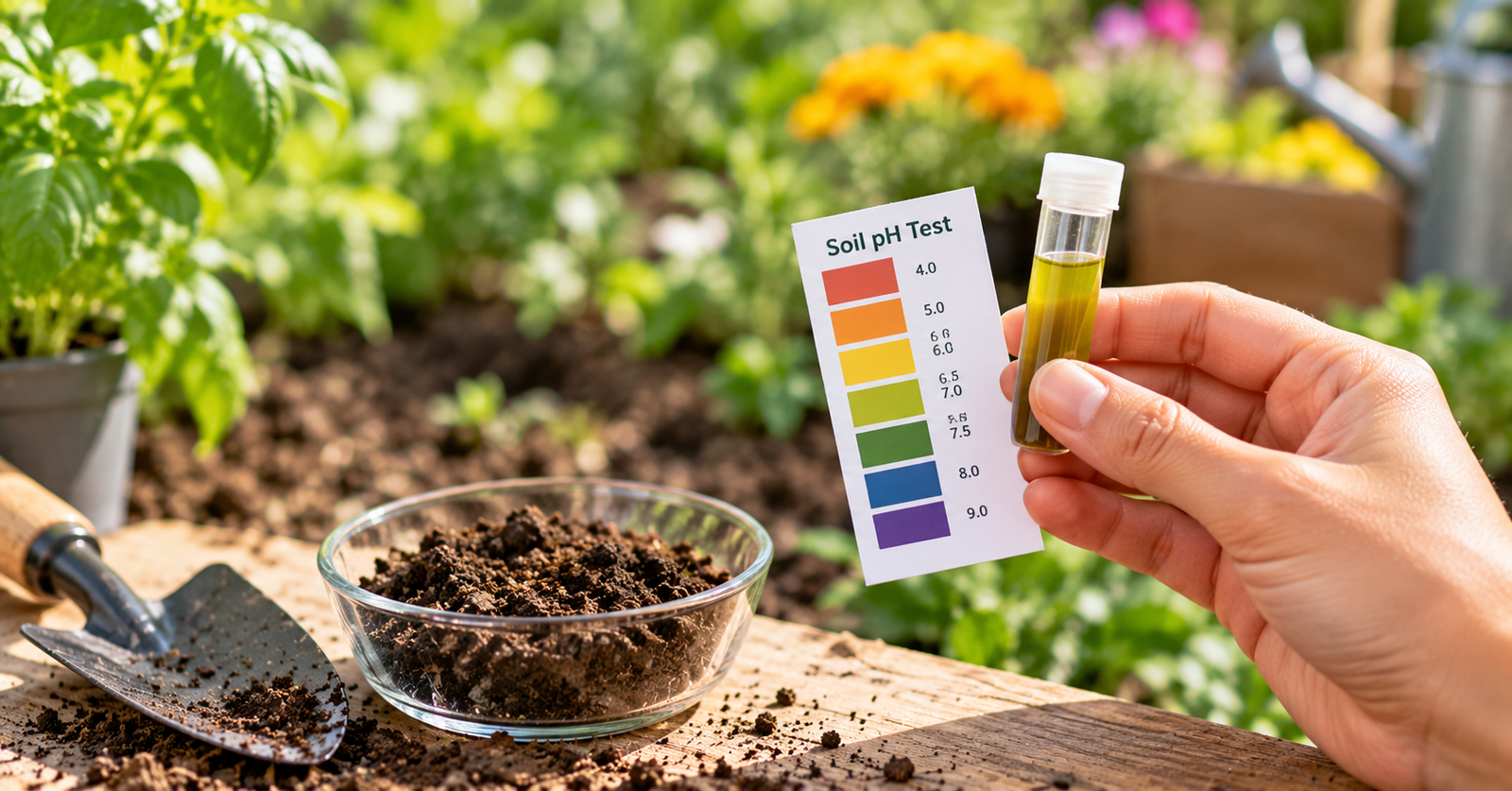 Hand holding a soil pH test vial beside a color reference chart