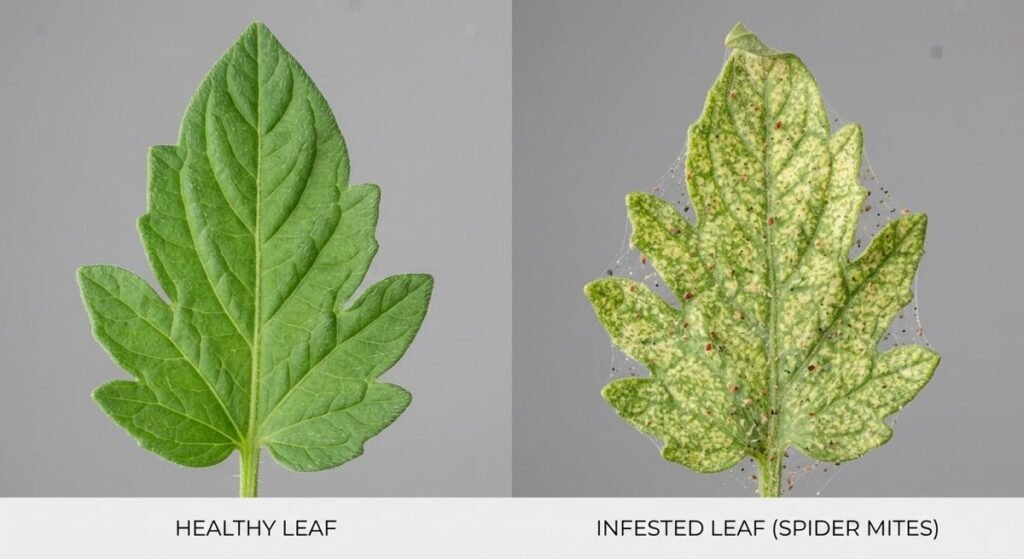 Side-by-side comparison of a healthy green leaf and a pale, stippled leaf damaged by spider mites.