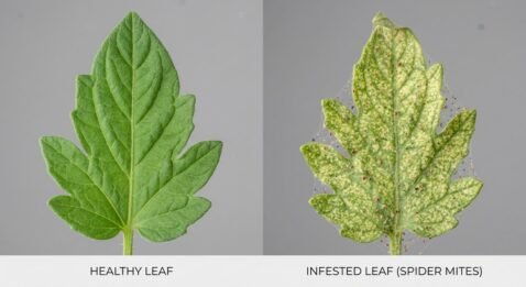 Side-by-side comparison of a healthy green leaf and a pale, stippled leaf damaged by spider mites.