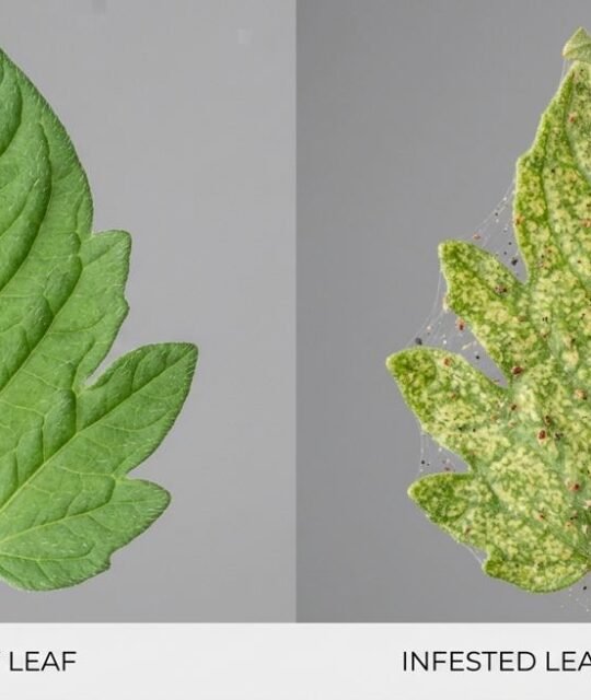 Side-by-side comparison of a healthy green leaf and a pale, stippled leaf damaged by spider mites.