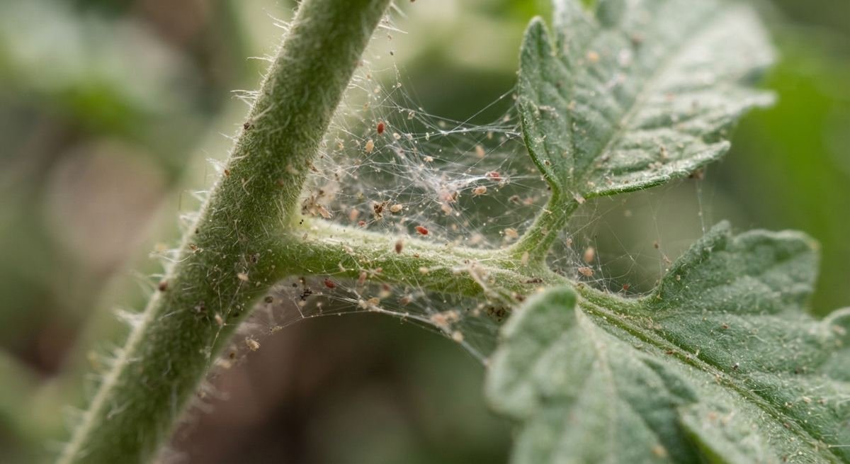 Fine spider mite webbing between a fuzzy green leaf and stem, with tiny specks in the silk.