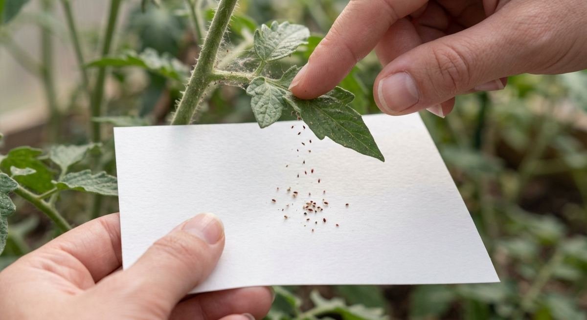 Hands tapping a plant leaf over white paper to check for tiny moving mites.