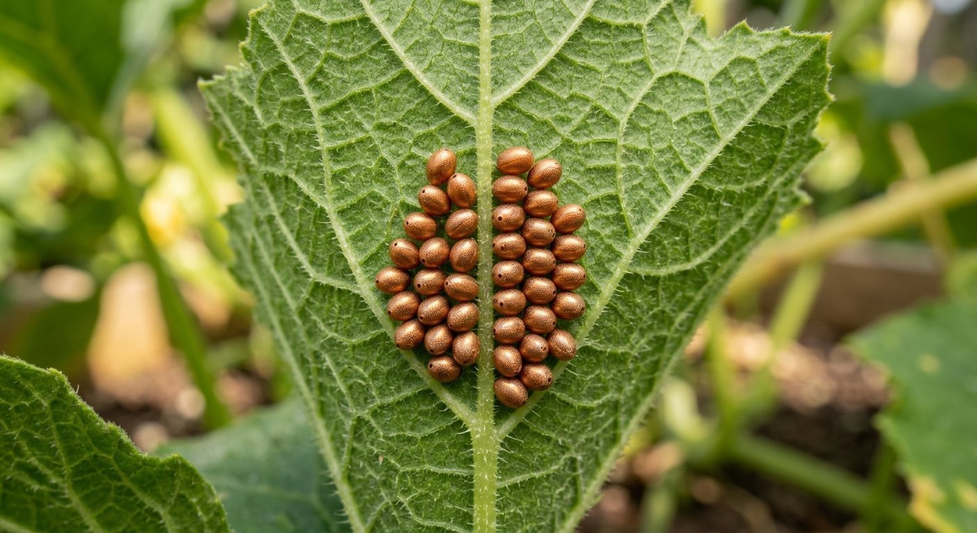 A cluster of shiny, bronze squash bug eggs on the underside of a leaf.