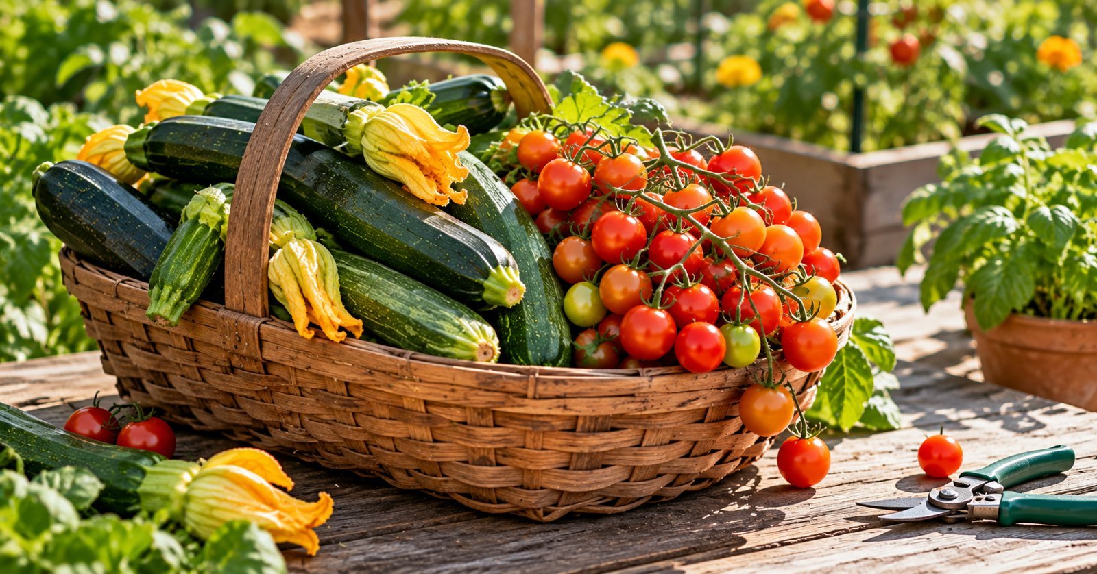 Basket overflowing with freshly harvested zucchini and cherry tomatoes on a garden table in warm natural light.